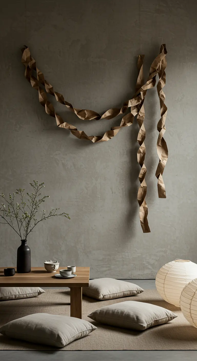 Guirlande sculpturale faite de papier kraft torsadé suspendue sur un mur en béton ciré.