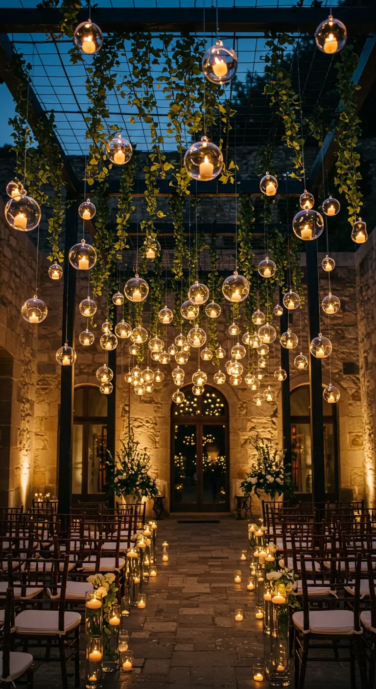 Plafond de boules de verre suspendues contenant des bougies allumées.