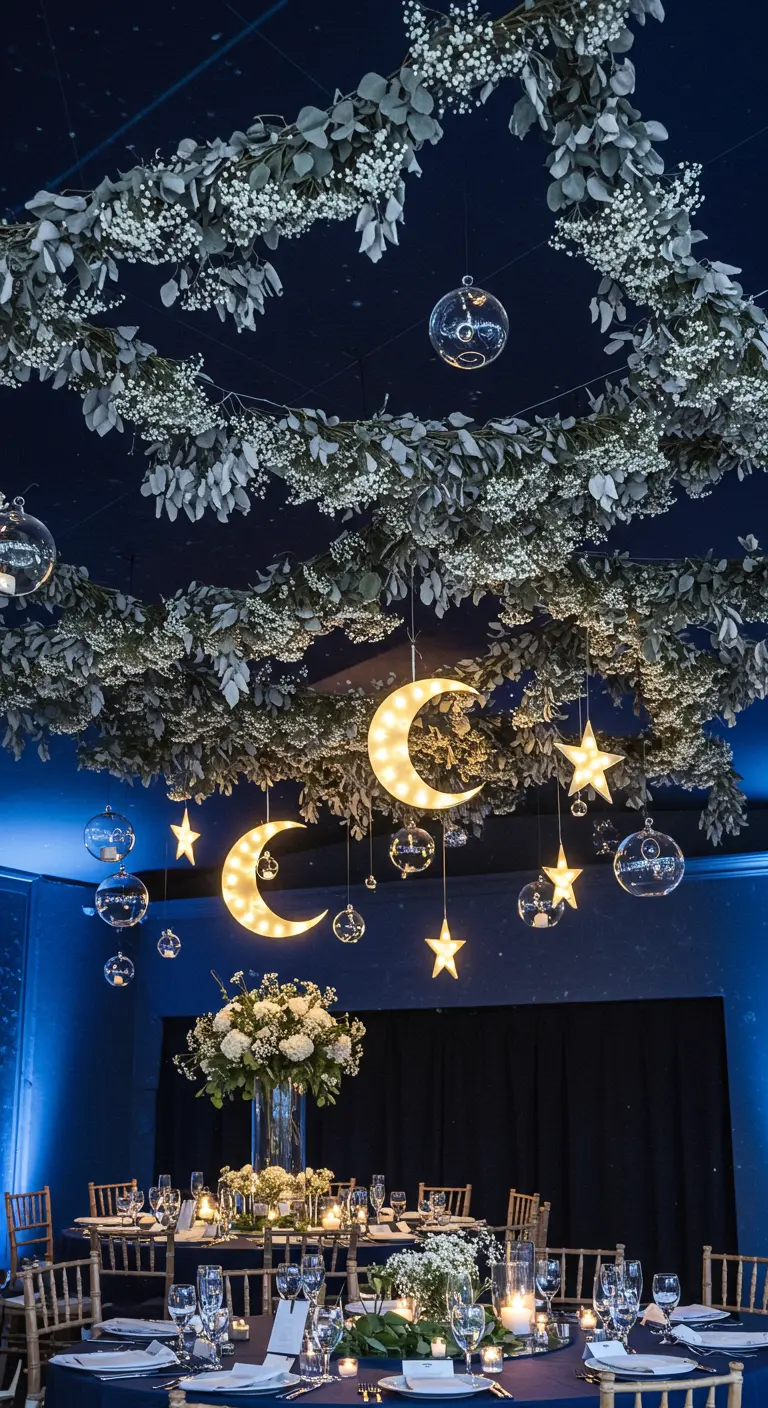 Plafond bleu nuit décoré de couronnes de feuillage et de lunes et étoiles lumineuses suspendues.