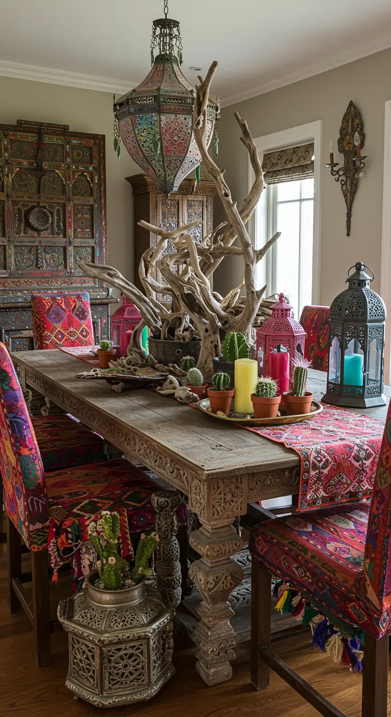 Table bohème maximaliste avec une sculpture de bois flotté, des cactus et des lanternes.
