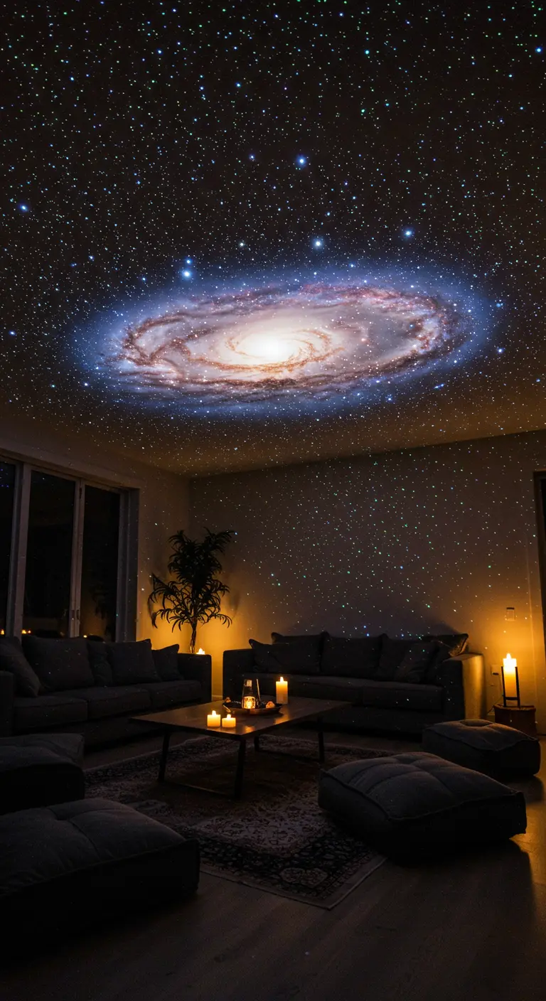 Plafond d'un salon sombre projetant une nébuleuse galactique en spirale.