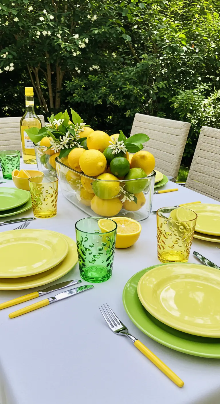 Table d'été avec de la vaisselle jaune et verte et un grand bol de citrons.