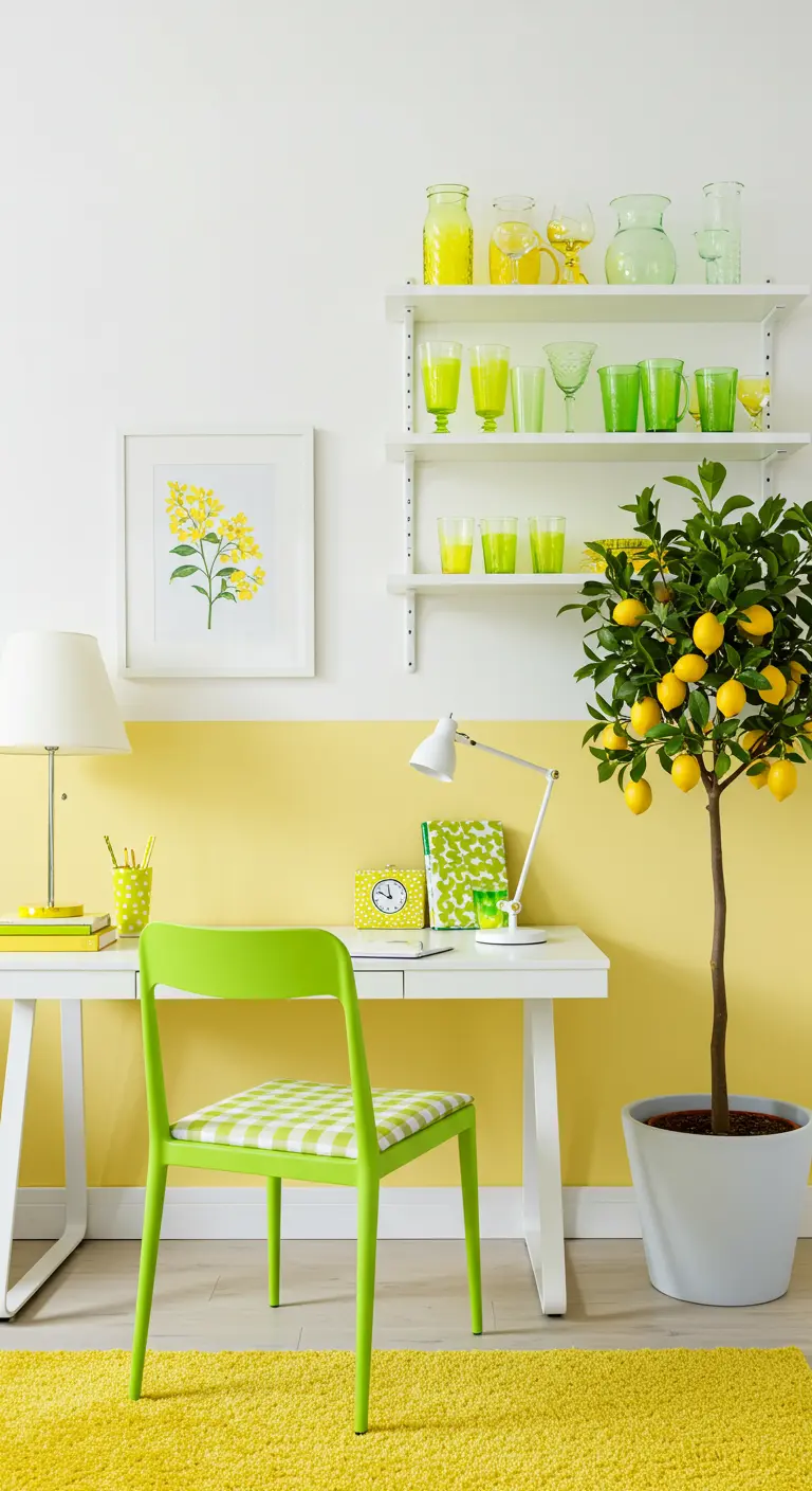 Bureau blanc et jaune avec une chaise vert lime, des étagères et un citronnier en pot.
