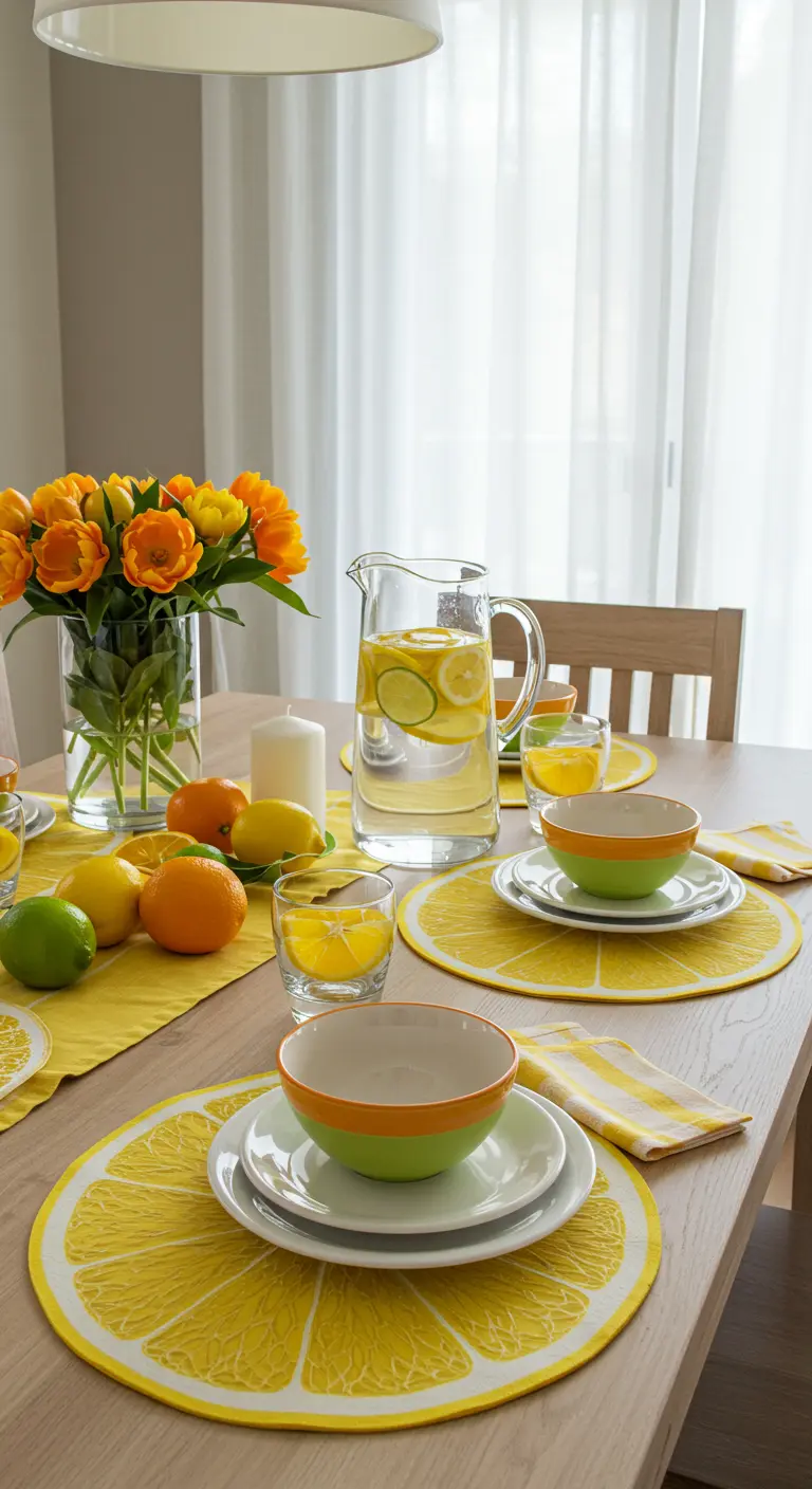 Table d'été décorée avec des sets de table en forme de citron et de vrais agrumes.